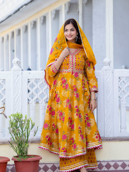 EthniFlair Floral Embroidered Empire Gotta Patti Kurta with Palazzos & Dupatta