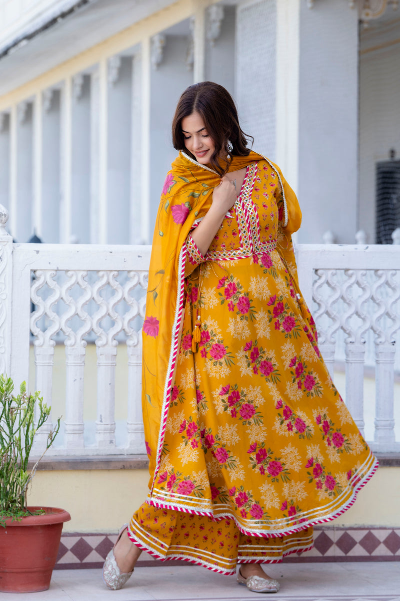 EthniFlair Floral Embroidered Empire Gotta Patti Kurta with Palazzos & Dupatta