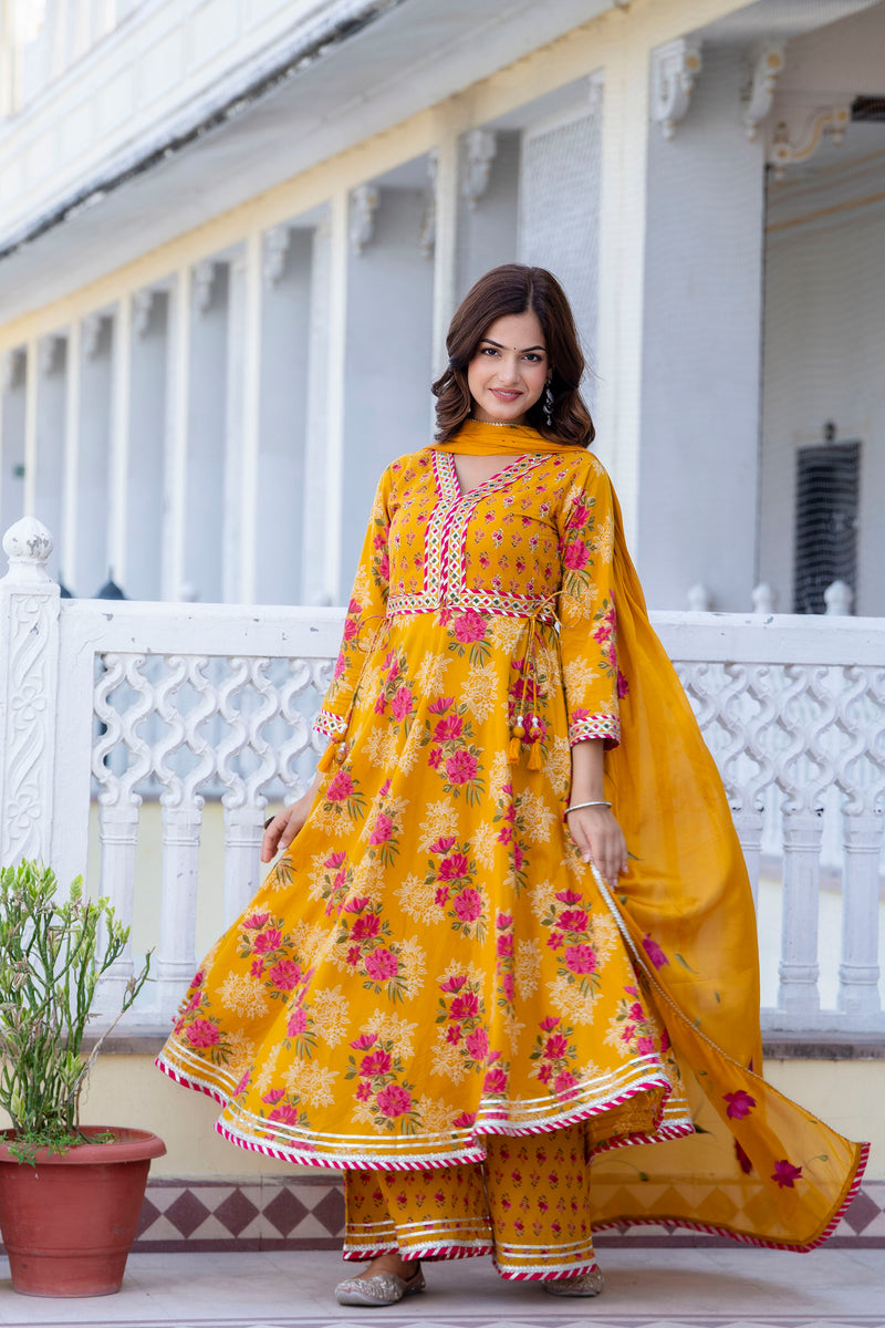 EthniFlair Floral Embroidered Empire Gotta Patti Kurta with Palazzos & Dupatta