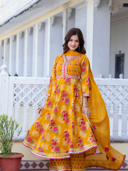 EthniFlair Floral Embroidered Empire Gotta Patti Kurta with Palazzos & Dupatta