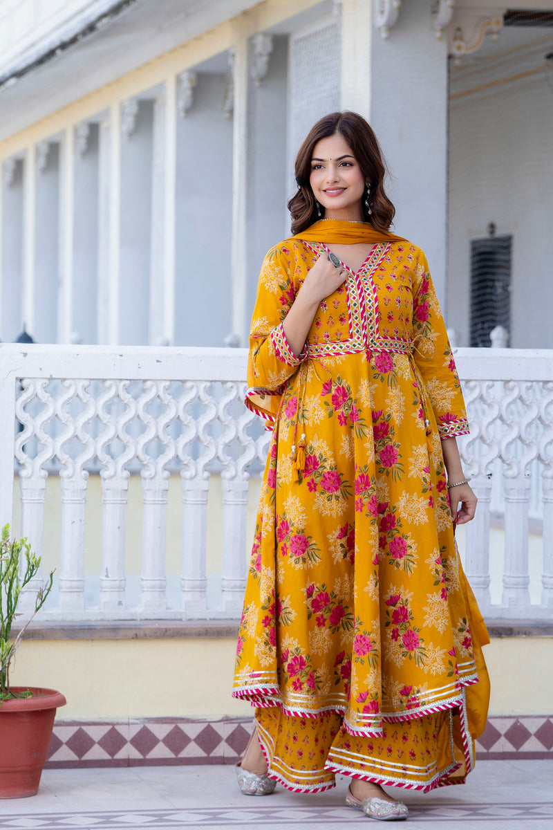 EthniFlair Floral Embroidered Empire Gotta Patti Kurta with Palazzos & Dupatta