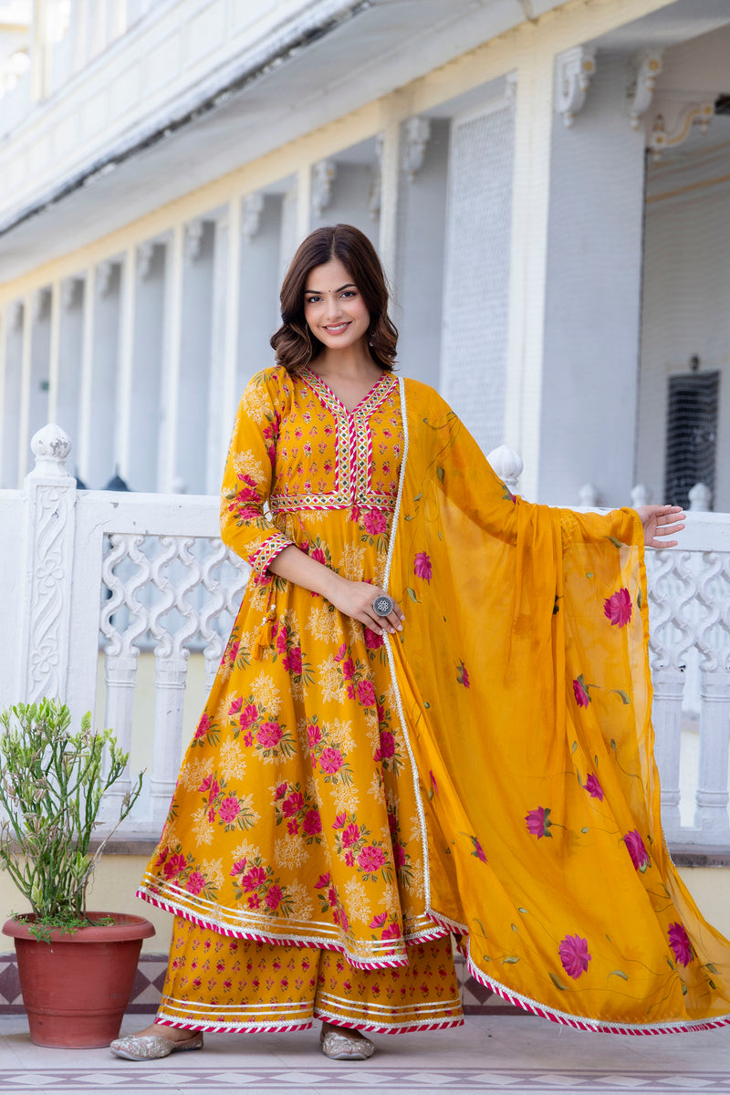EthniFlair Floral Embroidered Empire Gotta Patti Kurta with Palazzos & Dupatta