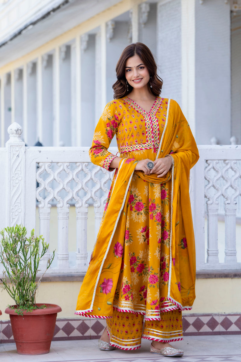 EthniFlair Floral Embroidered Empire Gotta Patti Kurta with Palazzos & Dupatta