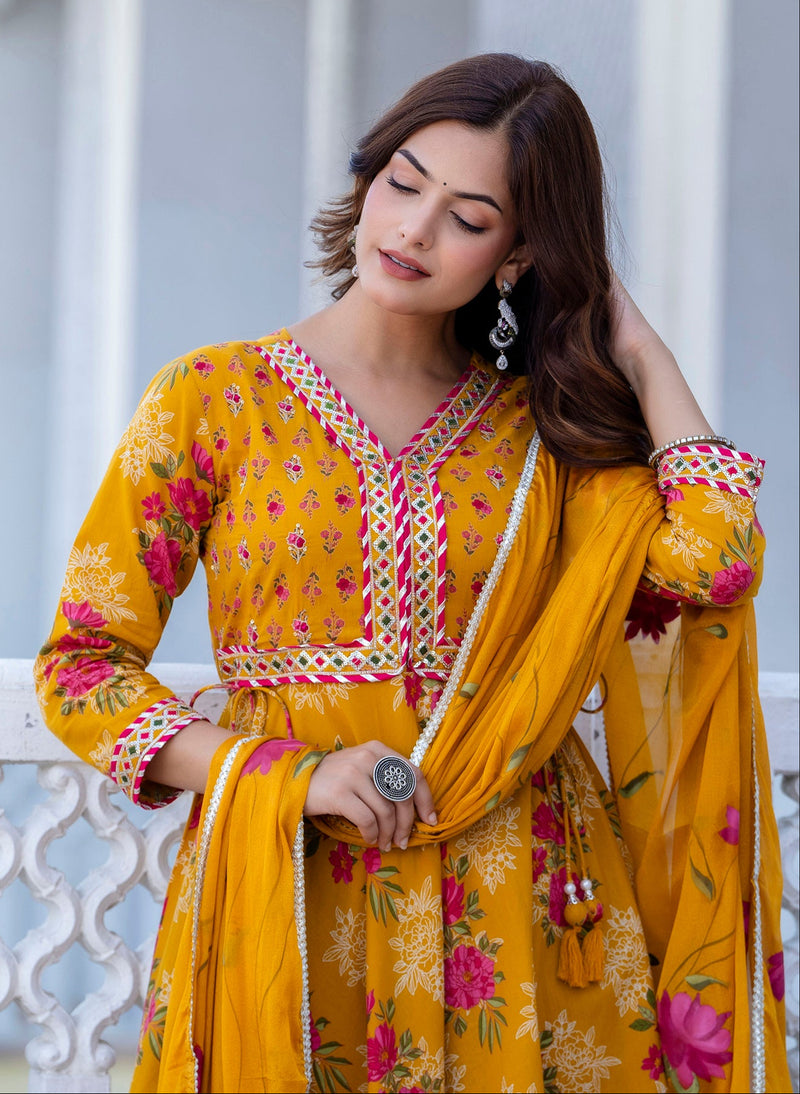 EthniFlair Floral Embroidered Empire Gotta Patti Kurta with Palazzos & Dupatta