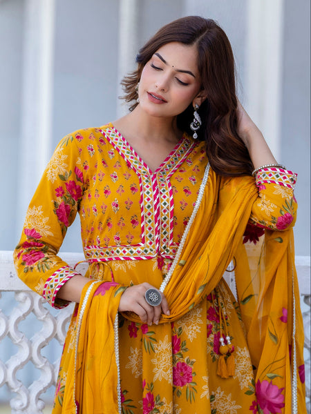 EthniFlair Floral Embroidered Empire Gotta Patti Kurta with Palazzos & Dupatta