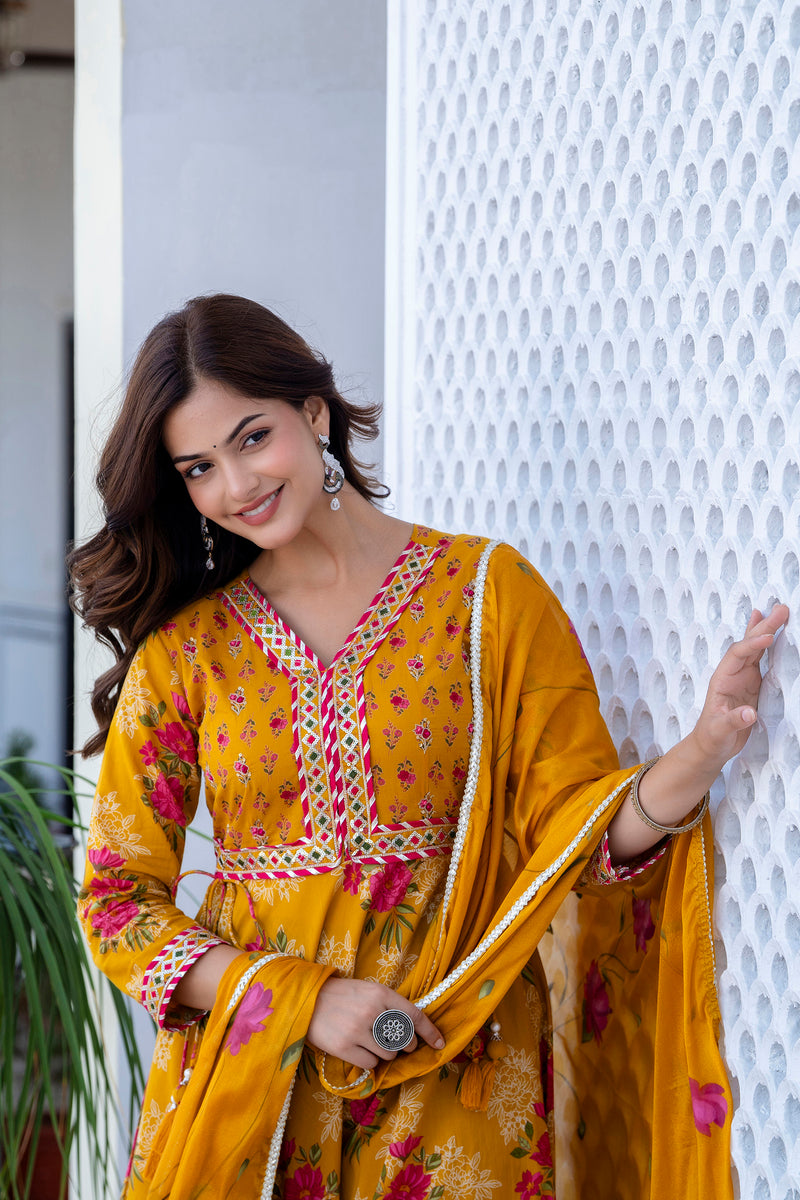 EthniFlair Floral Embroidered Empire Gotta Patti Kurta with Palazzos & Dupatta