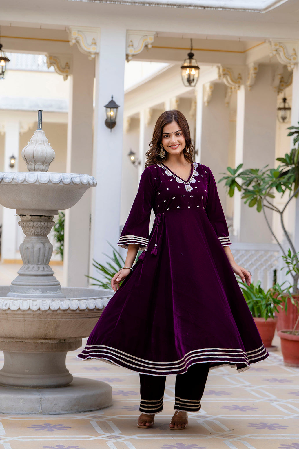 EthniFlair Women Ethnic Motifs Embroidered Empire Beads and Stones Velvet Kurta with Trousers & With Dupatta