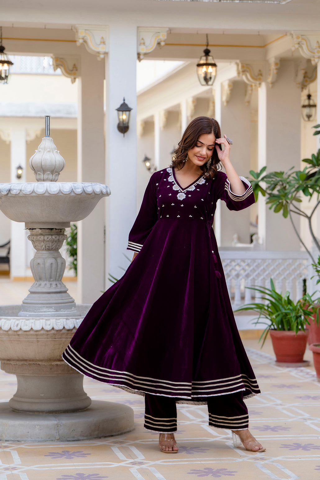 EthniFlair Women Ethnic Motifs Embroidered Empire Beads and Stones Velvet Kurta with Trousers & With Dupatta