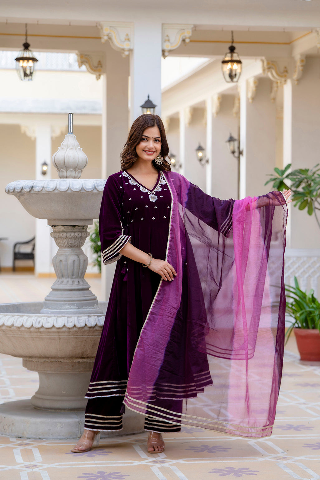 EthniFlair Women Ethnic Motifs Embroidered Empire Beads and Stones Velvet Kurta with Trousers & With Dupatta