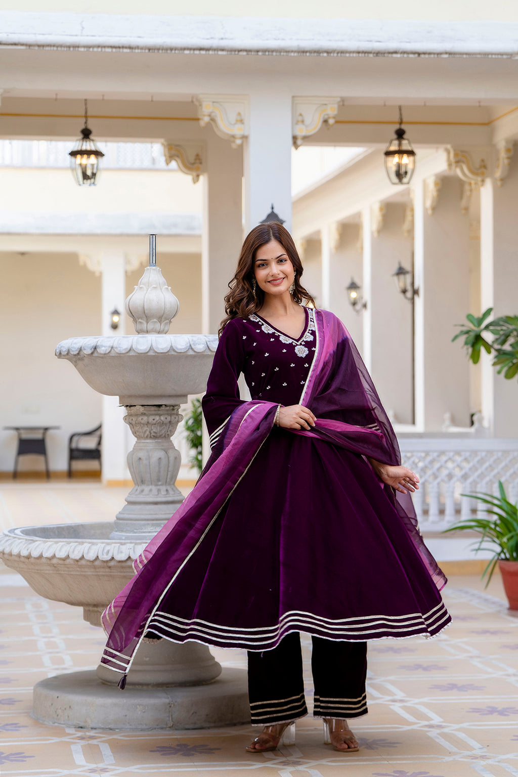 EthniFlair Women Ethnic Motifs Embroidered Empire Beads and Stones Velvet Kurta with Trousers & With Dupatta