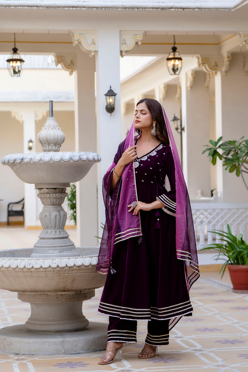 EthniFlair Women Ethnic Motifs Embroidered Empire Beads and Stones Velvet Kurta with Trousers & With Dupatta