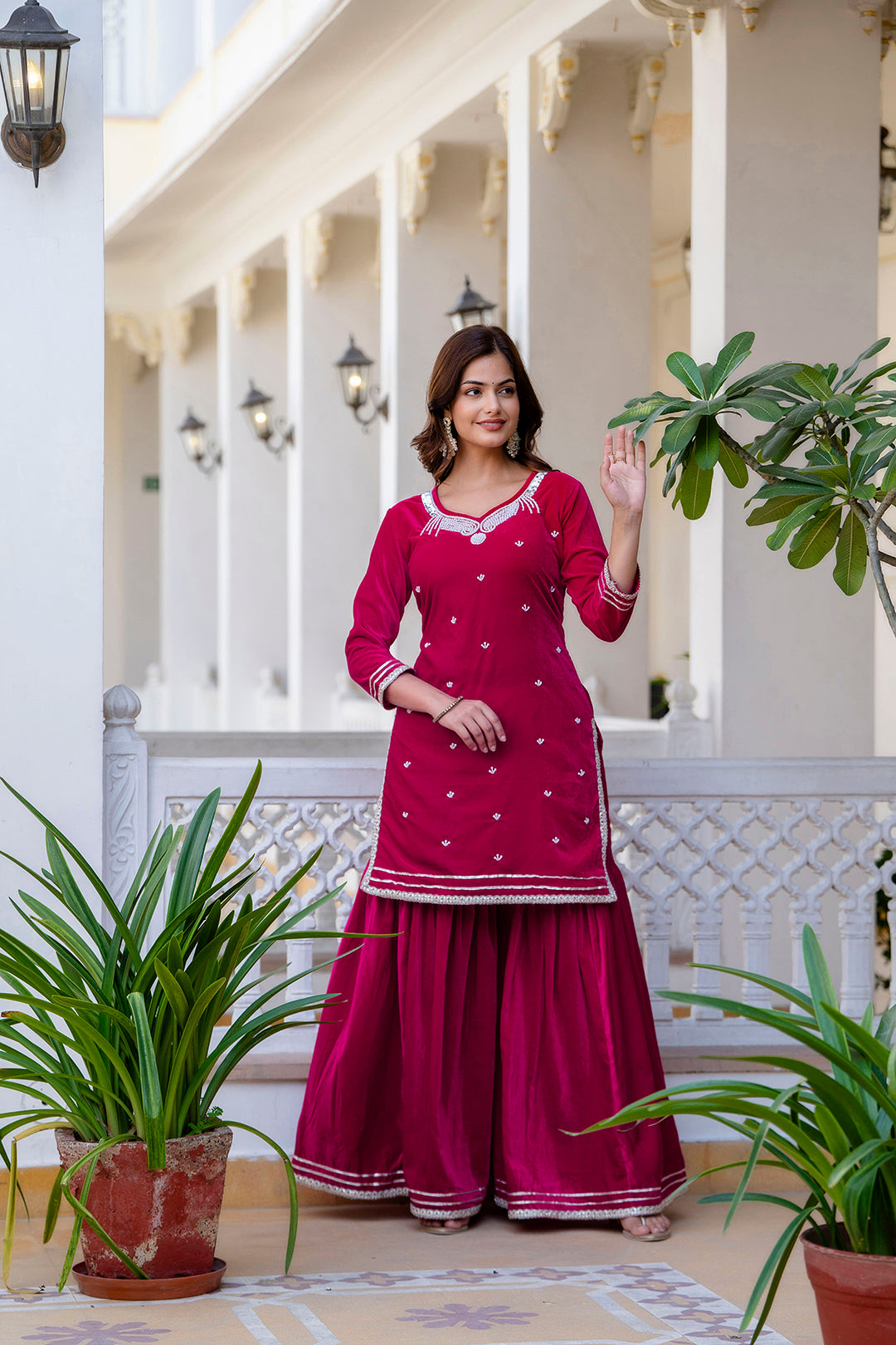 EthniFlair Women Ethnic Motifs Embroidered Regular Gotta Patti Velvet Kurta with Sharara & With Dupatta