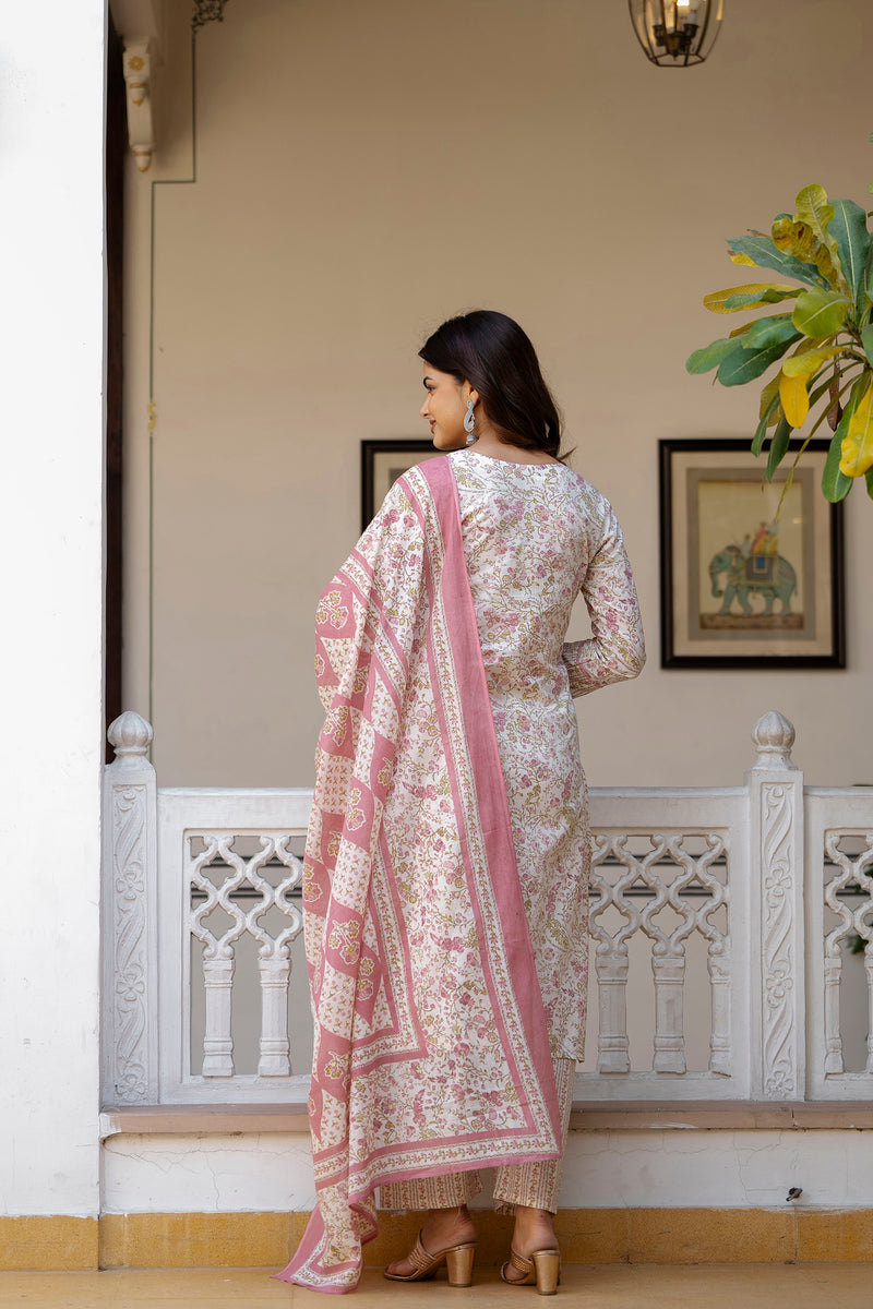 EthniFlair Floral Printed Thread Work Kurta with Trousers & Dupatta