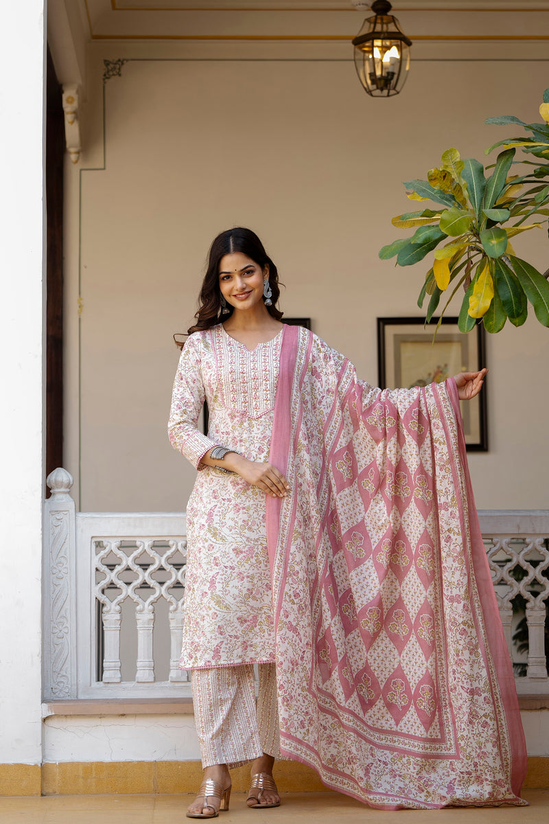 EthniFlair Floral Printed Thread Work Kurta with Trousers & Dupatta