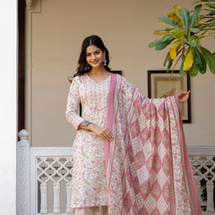 EthniFlair Floral Printed Thread Work Kurta with Trousers & Dupatta