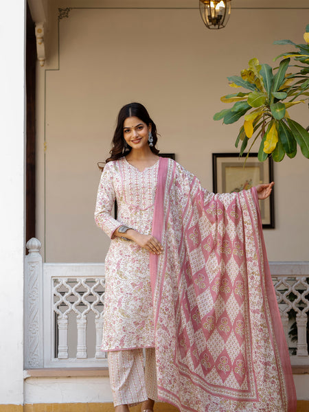 EthniFlair Floral Printed Thread Work Kurta with Trousers & Dupatta