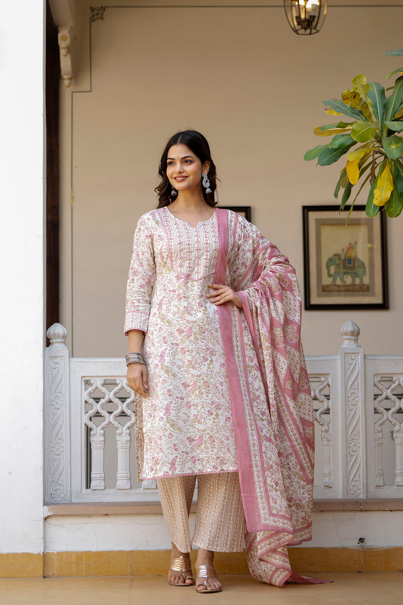 EthniFlair Floral Printed Thread Work Kurta with Trousers & Dupatta