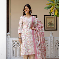EthniFlair Floral Printed Thread Work Kurta with Trousers & Dupatta