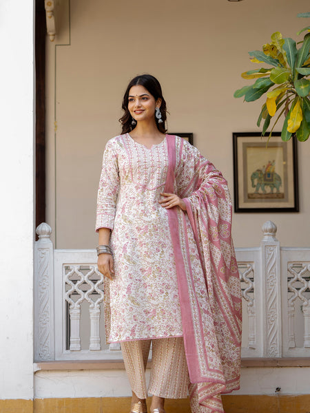 EthniFlair Floral Printed Thread Work Kurta with Trousers & Dupatta