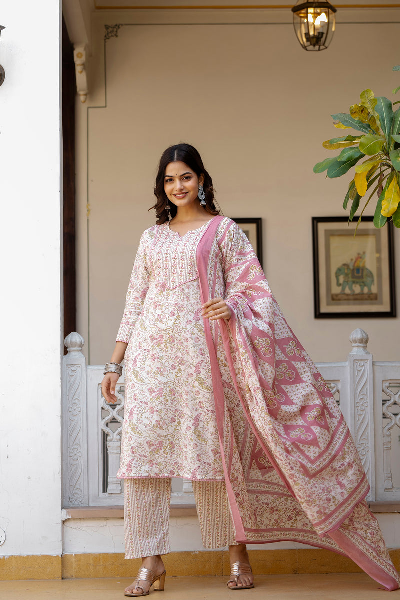 EthniFlair Floral Printed Thread Work Kurta with Trousers & Dupatta