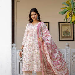 EthniFlair Floral Printed Thread Work Kurta with Trousers & Dupatta