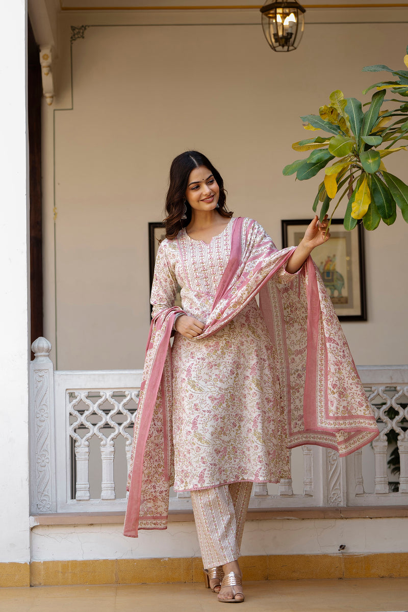 EthniFlair Floral Printed Thread Work Kurta with Trousers & Dupatta