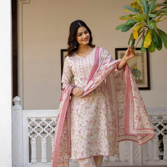 EthniFlair Floral Printed Thread Work Kurta with Trousers & Dupatta