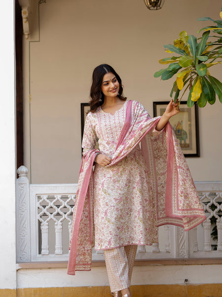 EthniFlair Floral Printed Thread Work Kurta with Trousers & Dupatta