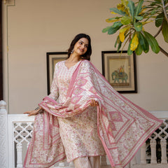 EthniFlair Floral Printed Thread Work Kurta with Trousers & Dupatta