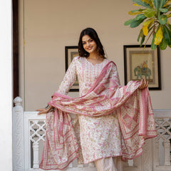 EthniFlair Floral Printed Thread Work Kurta with Trousers & Dupatta