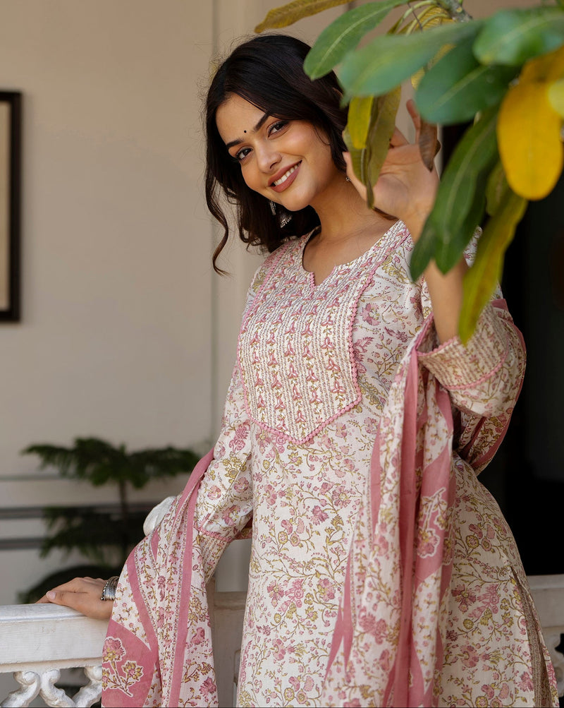 EthniFlair Floral Printed Thread Work Kurta with Trousers & Dupatta