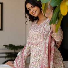 EthniFlair Floral Printed Thread Work Kurta with Trousers & Dupatta