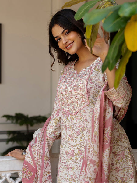 EthniFlair Floral Printed Thread Work Kurta with Trousers & Dupatta
