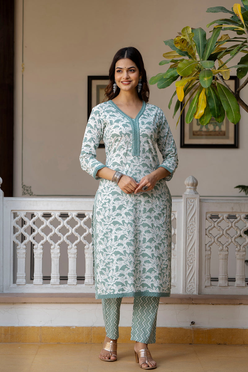 EthniFlair Floral Printed Mirror Work Kurta with Trousers & Dupatta