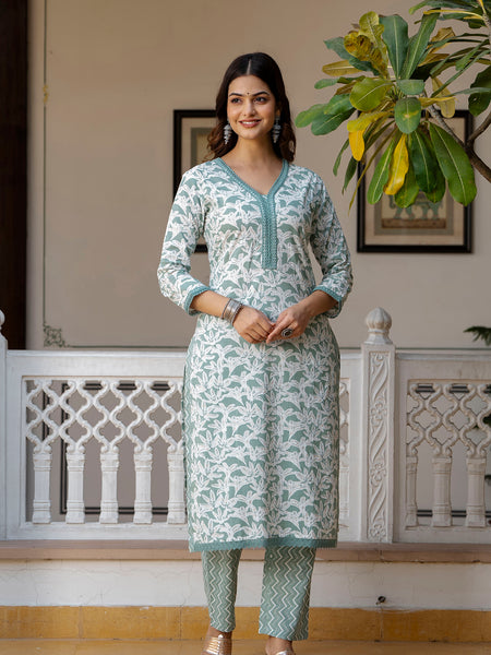 EthniFlair Floral Printed Mirror Work Kurta with Trousers & Dupatta