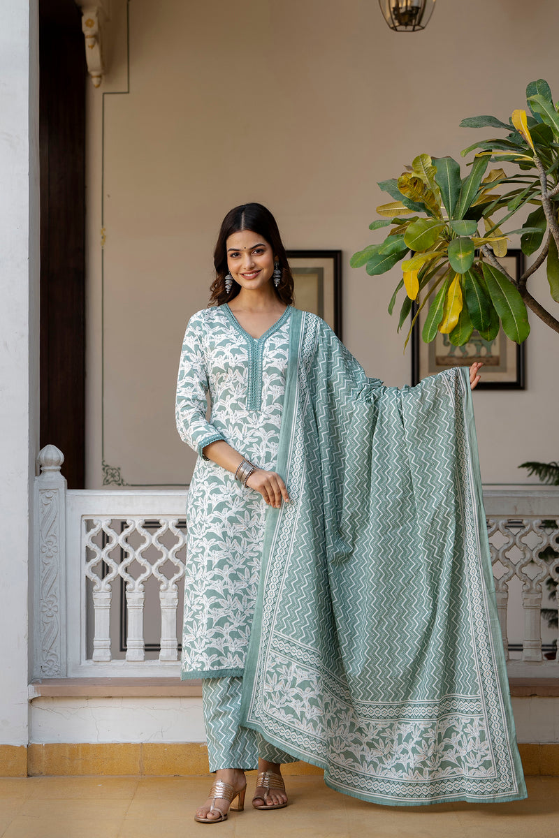 EthniFlair Floral Printed Mirror Work Kurta with Trousers & Dupatta