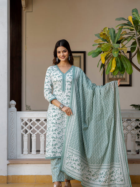 EthniFlair Floral Printed Mirror Work Kurta with Trousers & Dupatta