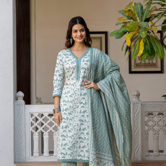 EthniFlair Floral Printed Mirror Work Kurta with Trousers & Dupatta