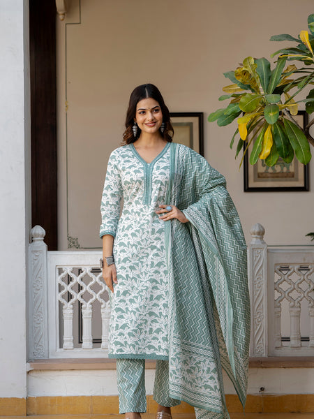 EthniFlair Floral Printed Mirror Work Kurta with Trousers & Dupatta