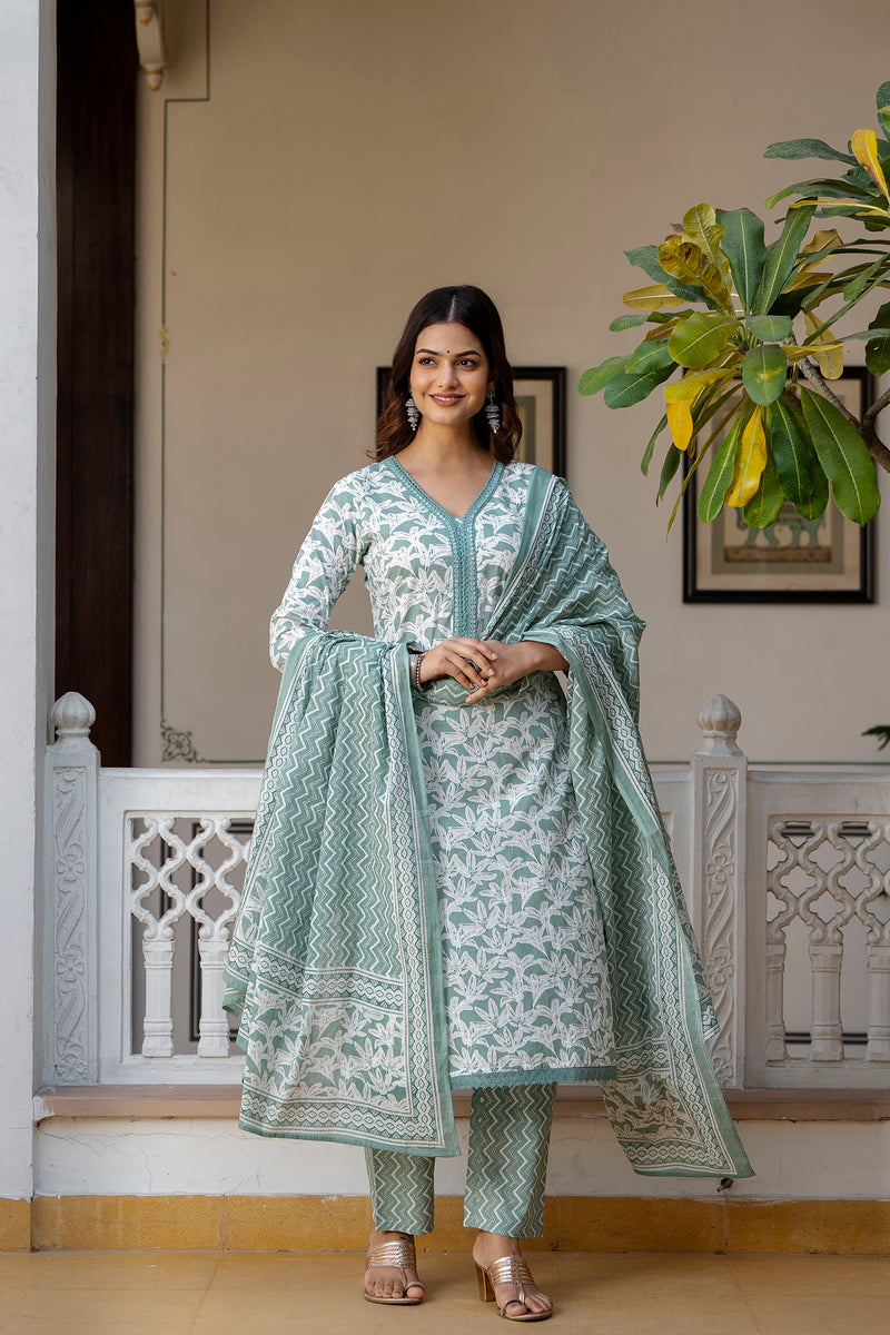 EthniFlair Floral Printed Mirror Work Kurta with Trousers & Dupatta