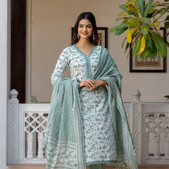 EthniFlair Floral Printed Mirror Work Kurta with Trousers & Dupatta