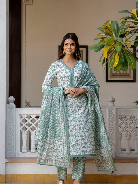 EthniFlair Floral Printed Mirror Work Kurta with Trousers & Dupatta