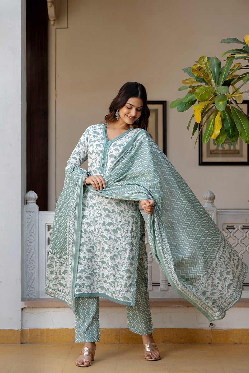 EthniFlair Floral Printed Mirror Work Kurta with Trousers & Dupatta