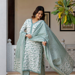 EthniFlair Floral Printed Mirror Work Kurta with Trousers & Dupatta