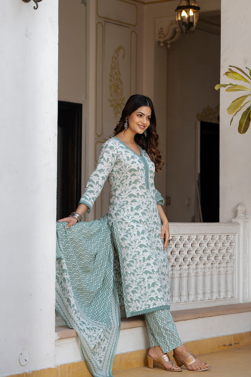 EthniFlair Floral Printed Mirror Work Kurta with Trousers & Dupatta
