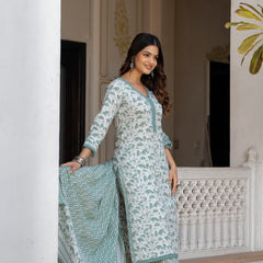 EthniFlair Floral Printed Mirror Work Kurta with Trousers & Dupatta