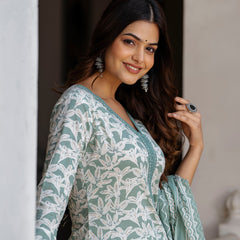 EthniFlair Floral Printed Mirror Work Kurta with Trousers & Dupatta