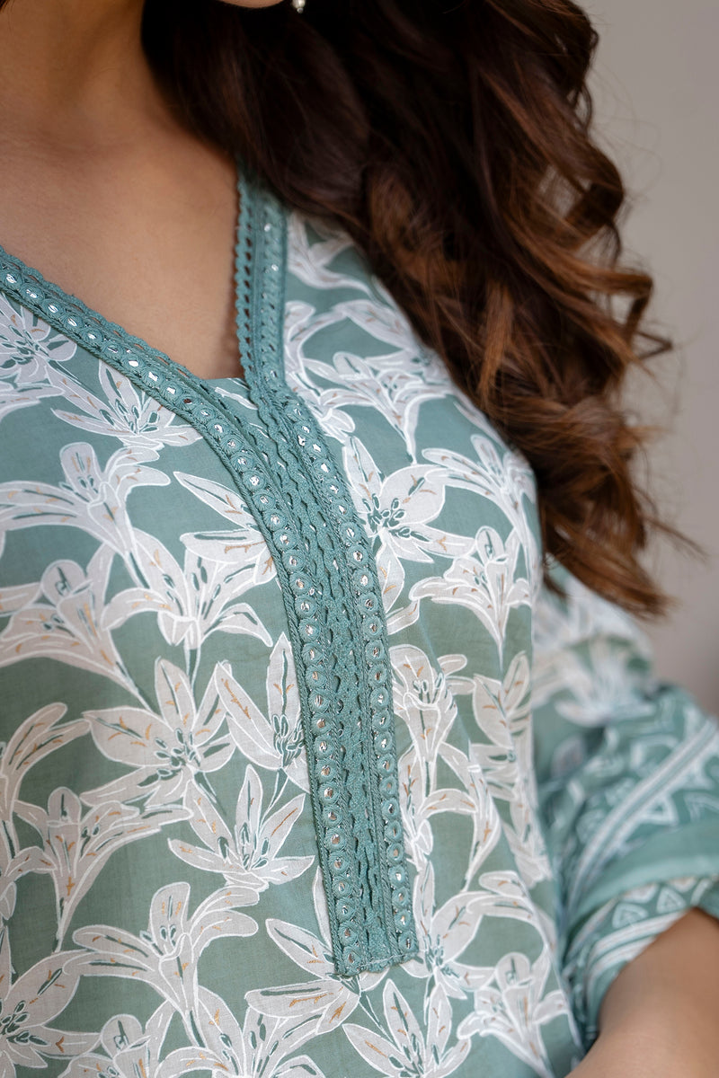 EthniFlair Floral Printed Mirror Work Kurta with Trousers & Dupatta