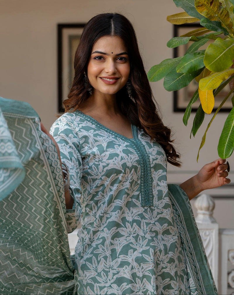 EthniFlair Floral Printed Mirror Work Kurta with Trousers & Dupatta