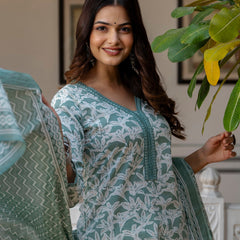 EthniFlair Floral Printed Mirror Work Kurta with Trousers & Dupatta